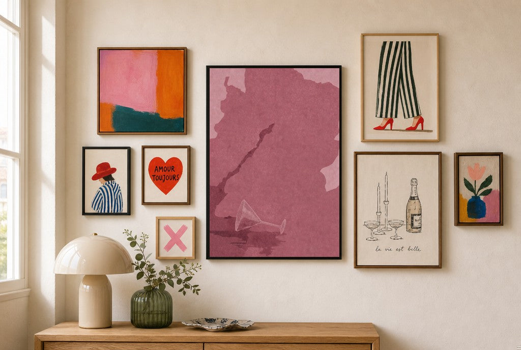 Spilled Martini, Oxblood mixed into a layered gallery wall of varied frame sizes.