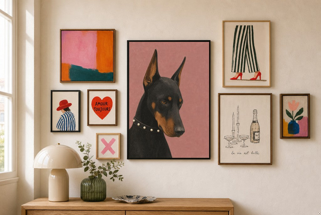 Doberman, Pearls mixed into a layered gallery wall of varied frame sizes.
