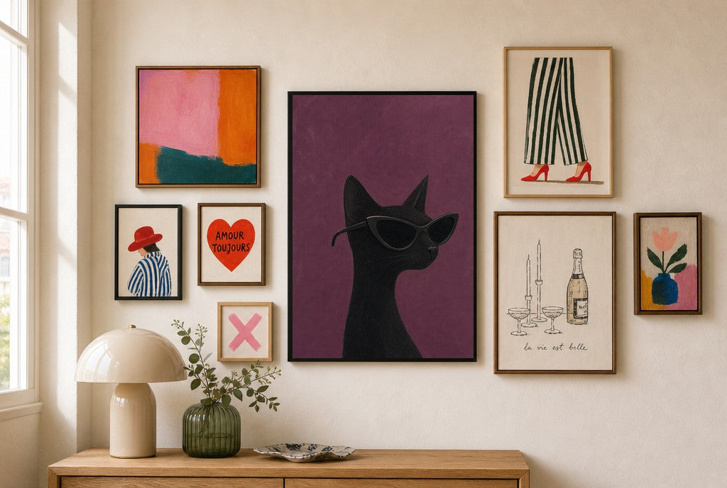 Black Cat, Cat-Eye mixed into a layered gallery wall of varied frame sizes.