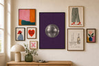 Disco Ball, Purple mixed into a layered gallery wall of varied frame sizes.