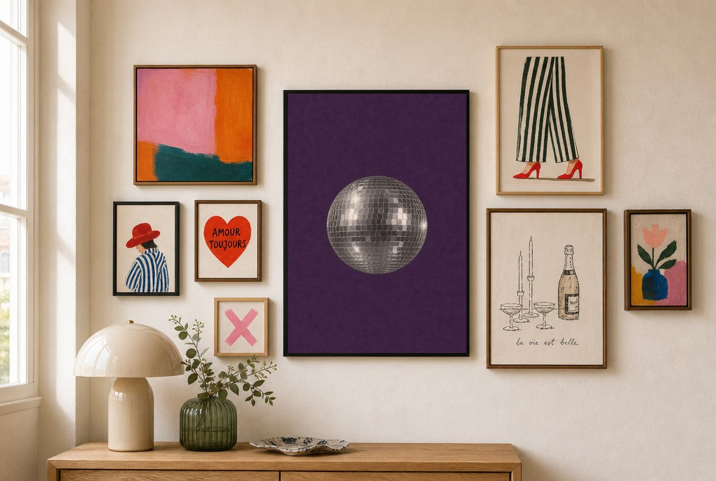Disco Ball, Purple mixed into a layered gallery wall of varied frame sizes.