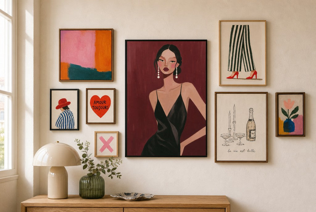 Slip Dress, Oxblood mixed into a layered gallery wall of varied frame sizes.