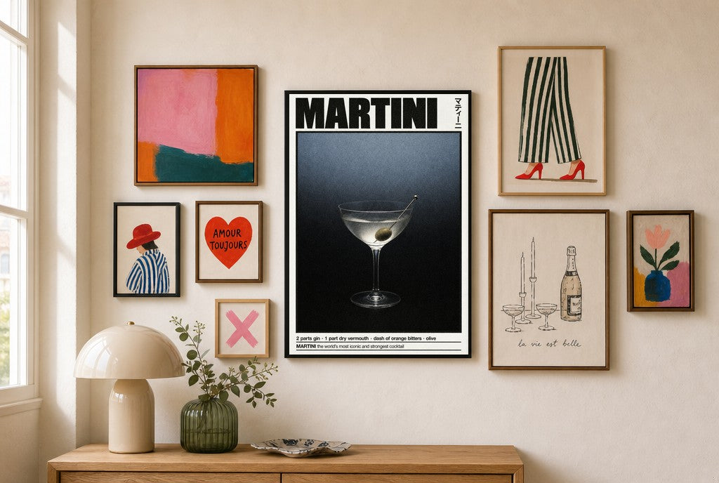 Martini Recipe mixed into a layered gallery wall of varied frame sizes.