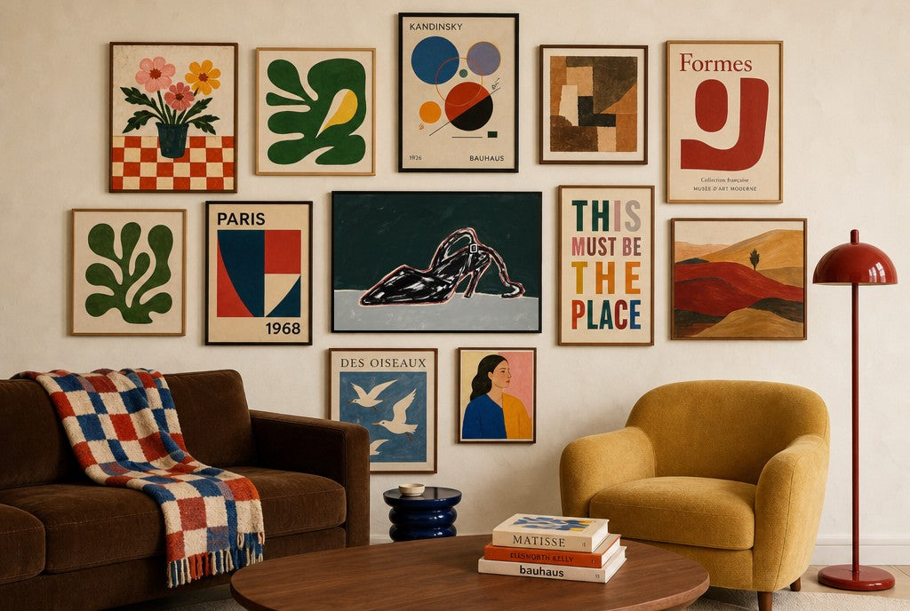Black Heel, Teal mixed into a layered gallery wall of varied frame sizes.