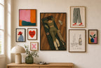 Pilates Mat, Greyhound mixed into a layered gallery wall of varied frame sizes.