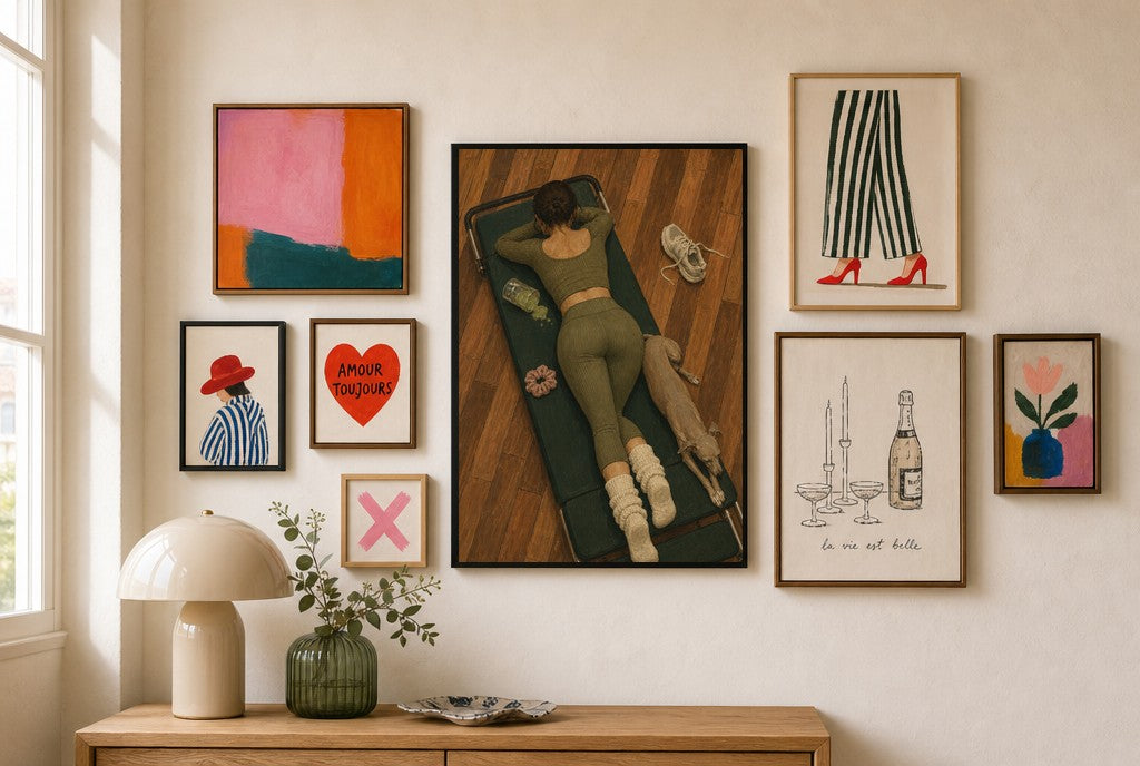 Pilates Mat, Greyhound mixed into a layered gallery wall of varied frame sizes.