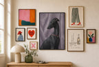 Black Greyhound, Red Collar mixed into a layered gallery wall of varied frame sizes.