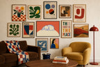 Sleeping Bunny mixed into a layered gallery wall of varied frame sizes.