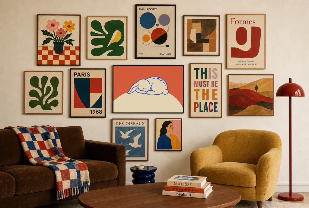Sleeping Bunny mixed into a layered gallery wall of varied frame sizes.