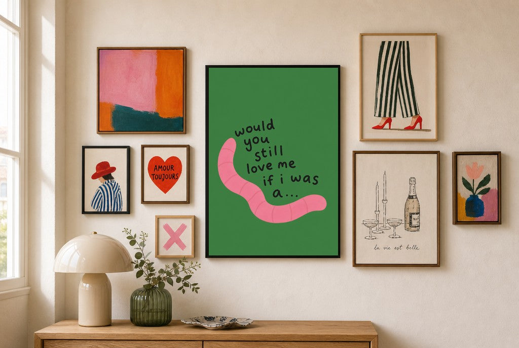 Would You Still Love Me mixed into a layered gallery wall of varied frame sizes.