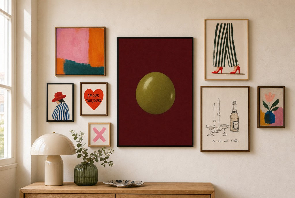 One Olive, Oxblood mixed into a layered gallery wall of varied frame sizes.