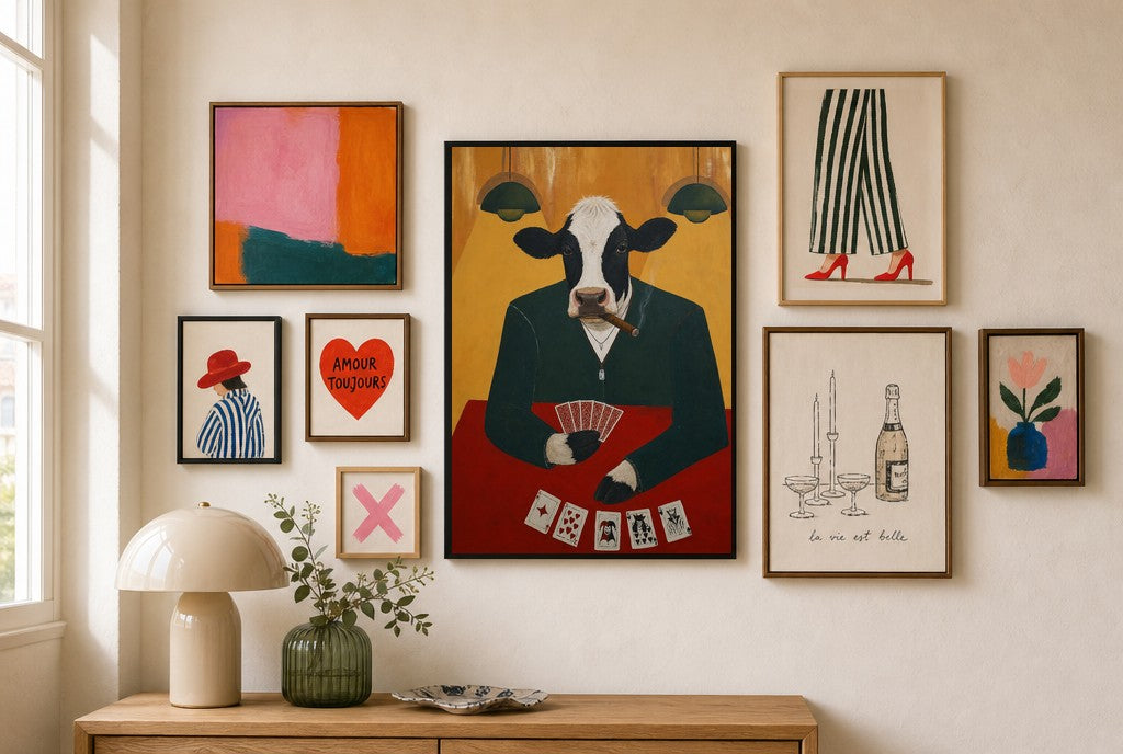 All In mixed into a layered gallery wall of varied frame sizes.