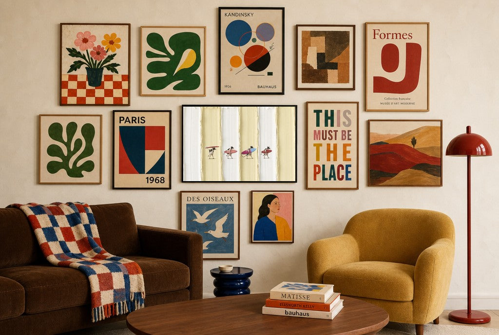 Sand Pilgrimage mixed into a layered gallery wall of varied frame sizes.