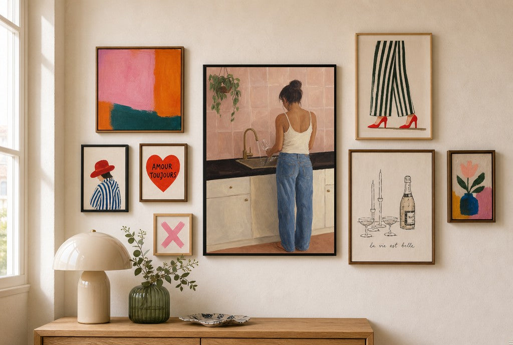 Sink, Pink Tile mixed into a layered gallery wall of varied frame sizes.