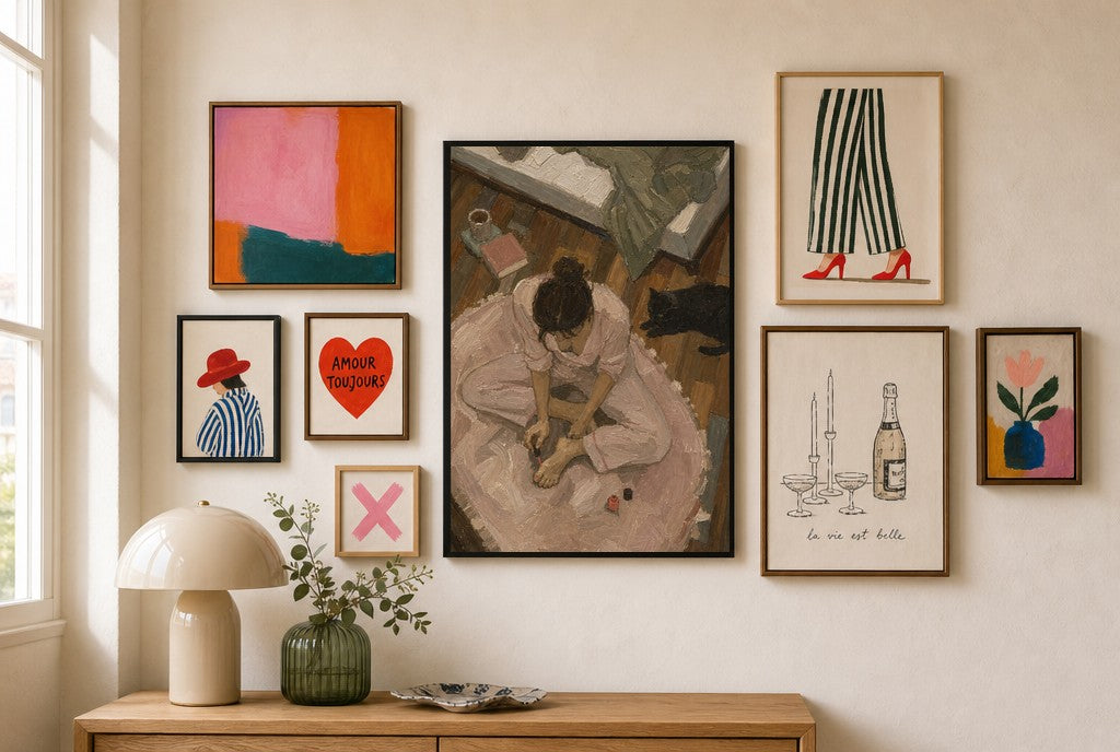 Painted Toenails, Black Cat mixed into a layered gallery wall of varied frame sizes.