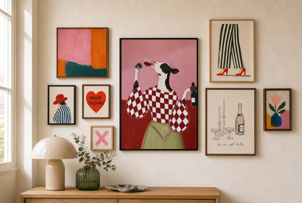 House Red, Straight from the Bottle mixed into a layered gallery wall of varied frame sizes.