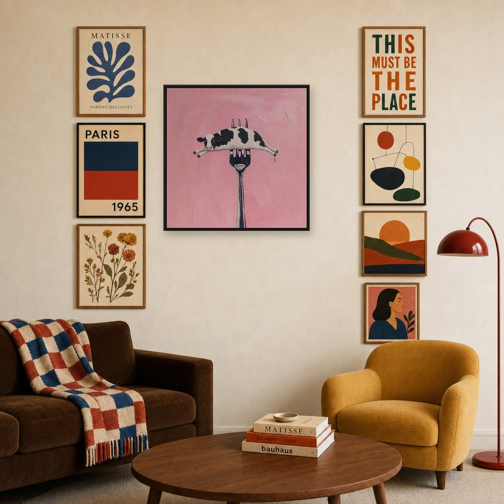 On a Fork, Deadpan mixed into a layered gallery wall of varied frame sizes.