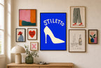 Stiletto mixed into a layered gallery wall of varied frame sizes.