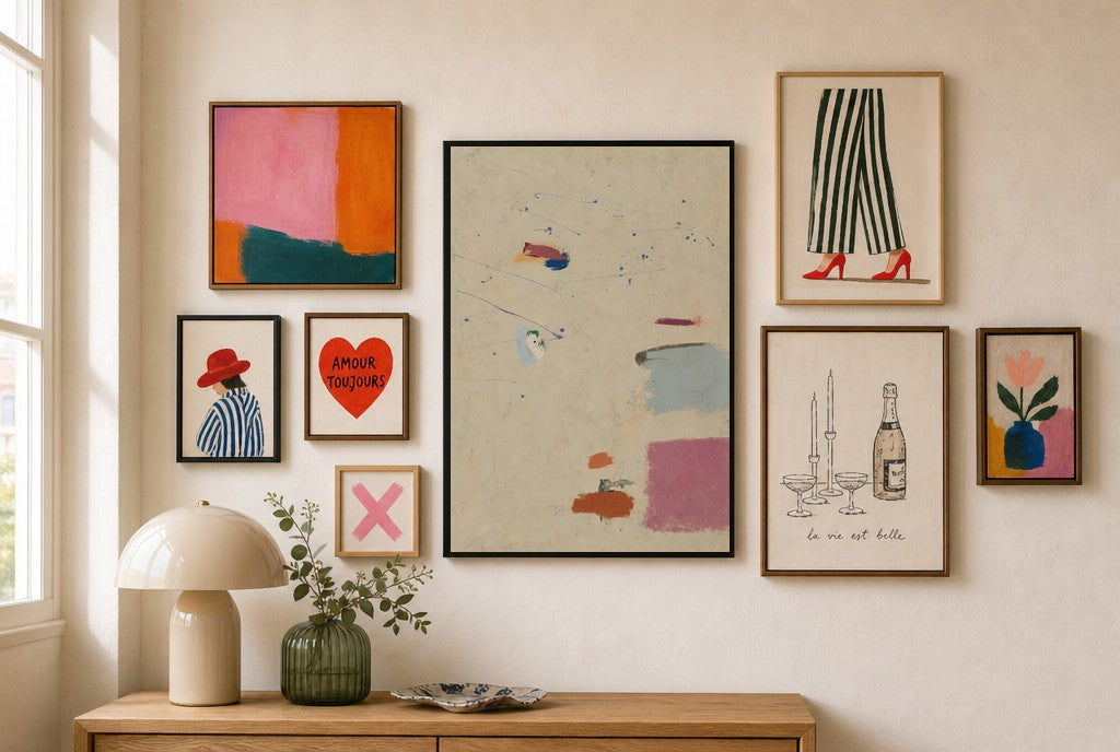 Quiet Marks, Cream mixed into a layered gallery wall of varied frame sizes.