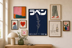 Lavender, Navy mixed into a layered gallery wall of varied frame sizes.