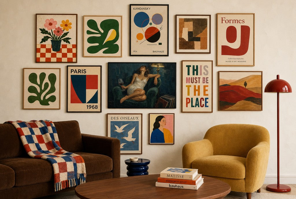 Wine Chair, Lamp mixed into a layered gallery wall of varied frame sizes.
