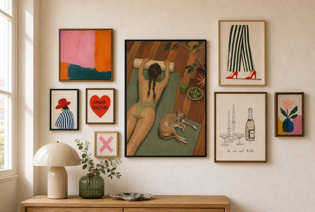 Reformer, Greyhound mixed into a layered gallery wall of varied frame sizes.