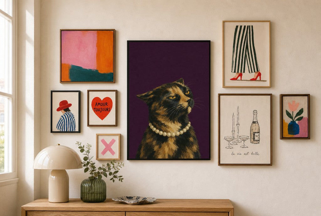Tortoiseshell, Pearls mixed into a layered gallery wall of varied frame sizes.