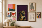 Tortoiseshell, Pearls mixed into a layered gallery wall of varied frame sizes.