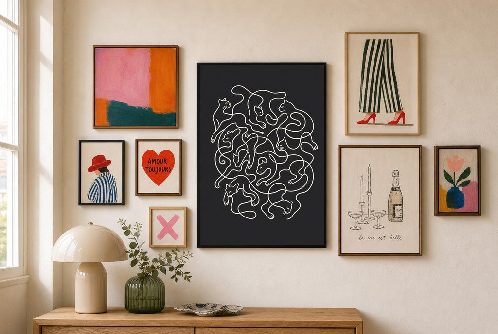 Tangled Cats mixed into a layered gallery wall of varied frame sizes.