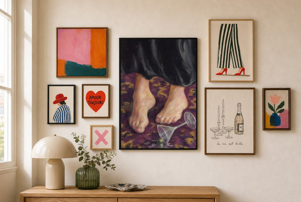 Bare Feet, Spilled Martini mixed into a layered gallery wall of varied frame sizes.