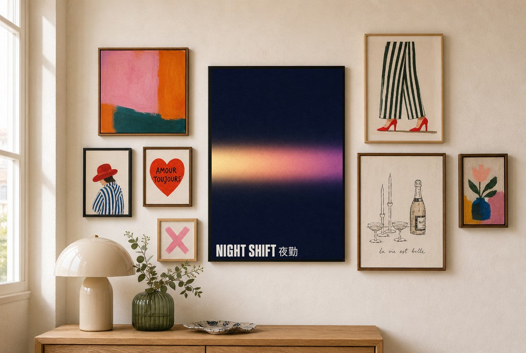 Night Shift mixed into a layered gallery wall of varied frame sizes.
