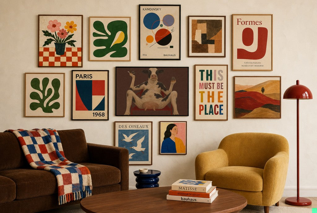 Sunday Afternoon mixed into a layered gallery wall of varied frame sizes.
