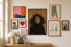 Hair on Floor mixed into a layered gallery wall of varied frame sizes.