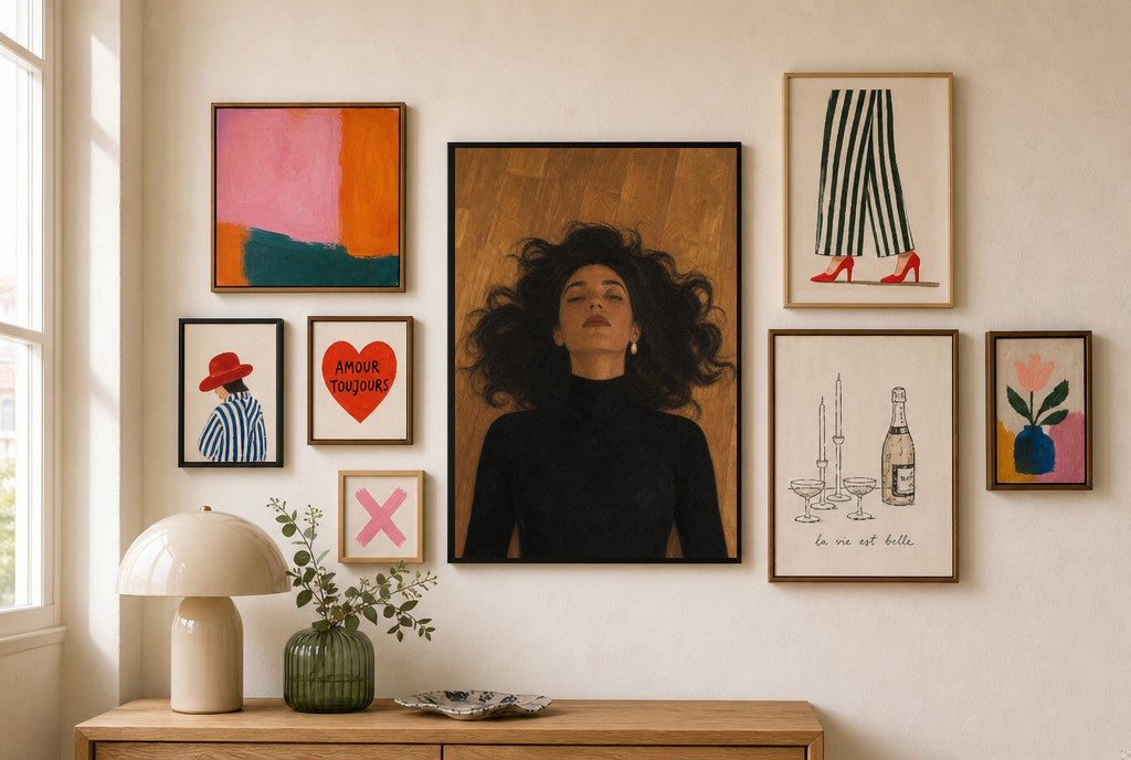 Hair on Floor mixed into a layered gallery wall of varied frame sizes.
