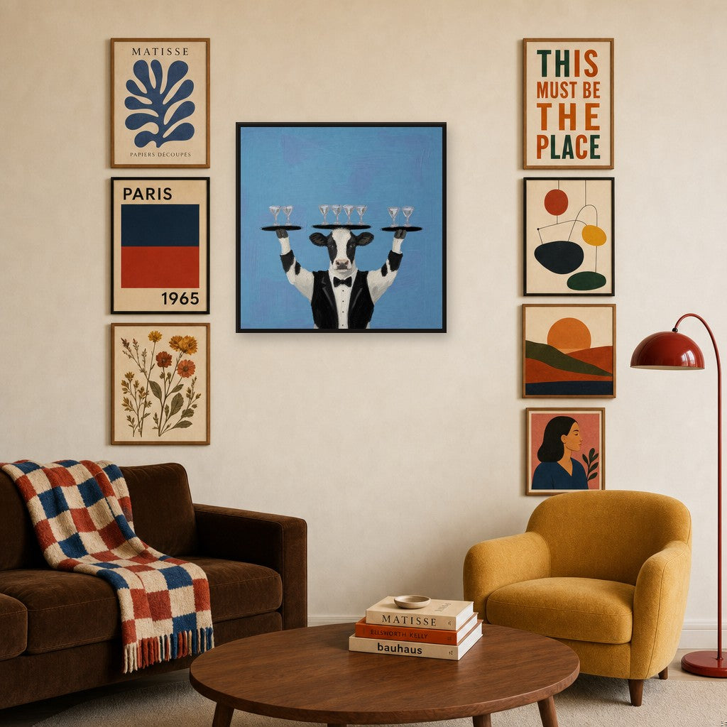 Showing Off mixed into a layered gallery wall of varied frame sizes.