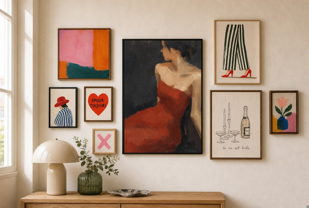 Red Dress, Charcoal, in gallery wall