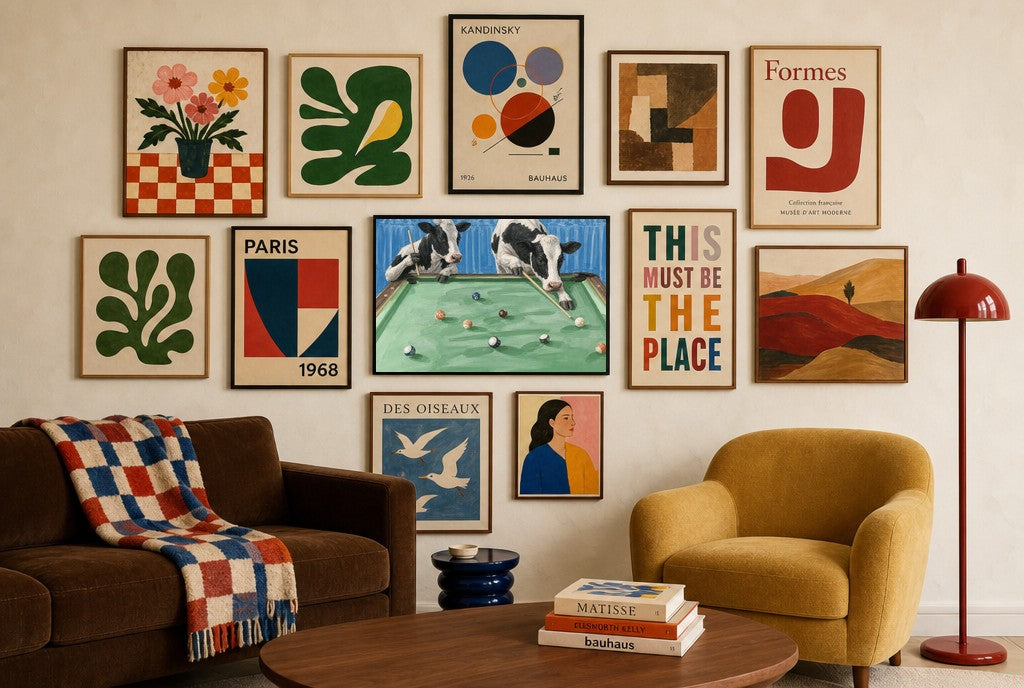 Bar League mixed into a layered gallery wall of varied frame sizes.