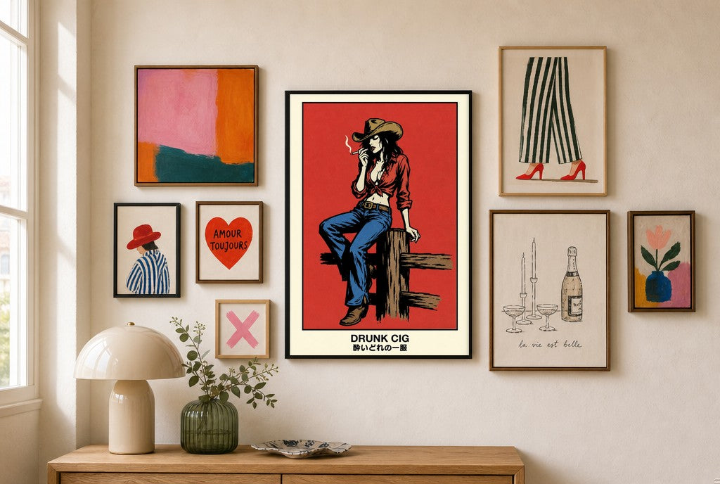 Drunk Cig mixed into a layered gallery wall of varied frame sizes.