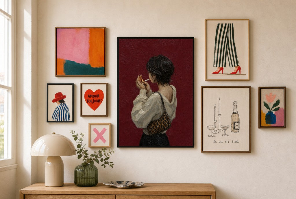 Lighting Up, Leopard Bag mixed into a layered gallery wall of varied frame sizes.