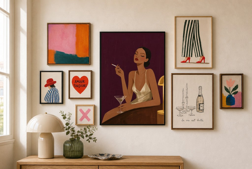 Slip Dress, Plum mixed into a layered gallery wall of varied frame sizes.