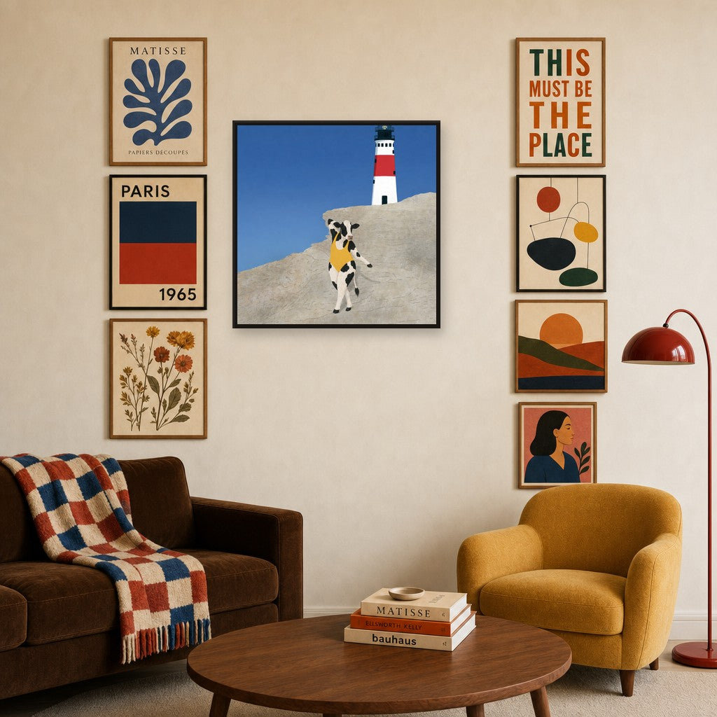 Yellow at the Lighthouse mixed into a layered gallery wall of varied frame sizes.