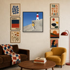 Yellow at the Lighthouse mixed into a layered gallery wall of varied frame sizes.