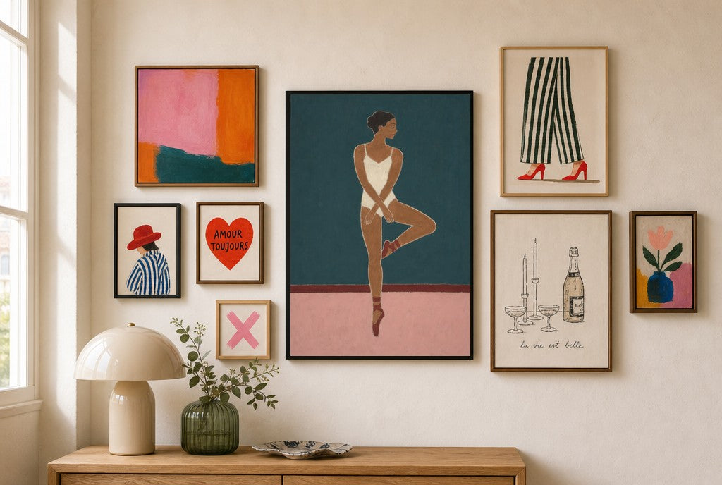 Pointe, Teal Wall mixed into a layered gallery wall of varied frame sizes.