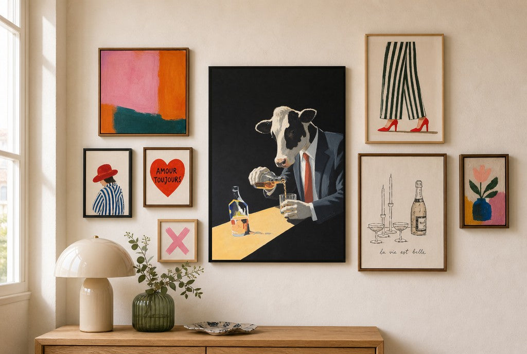 Two Fingers, Neat mixed into a layered gallery wall of varied frame sizes.