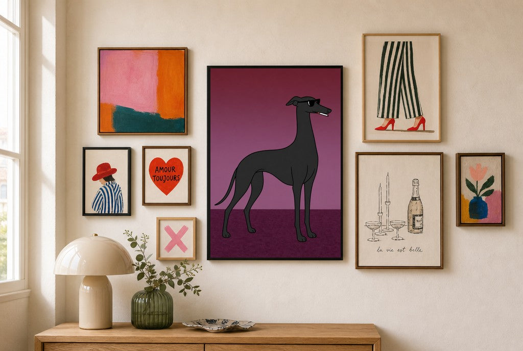 Greyhound, Smoking mixed into a layered gallery wall of varied frame sizes.