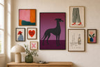 Greyhound, Smoking mixed into a layered gallery wall of varied frame sizes.