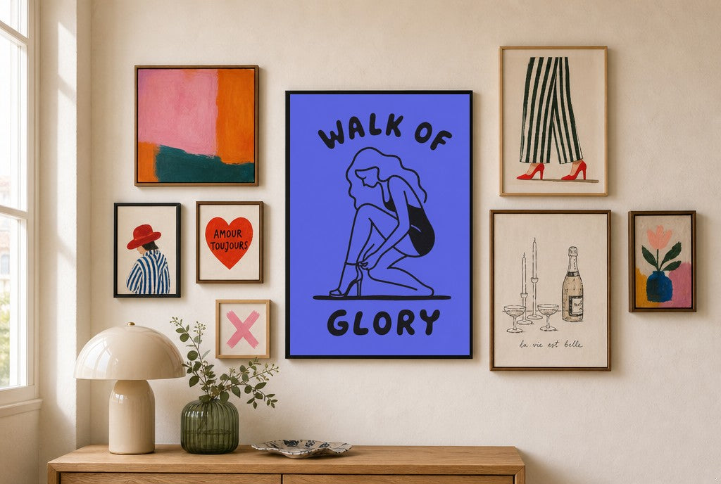 Walk of Glory mixed into a layered gallery wall of varied frame sizes.