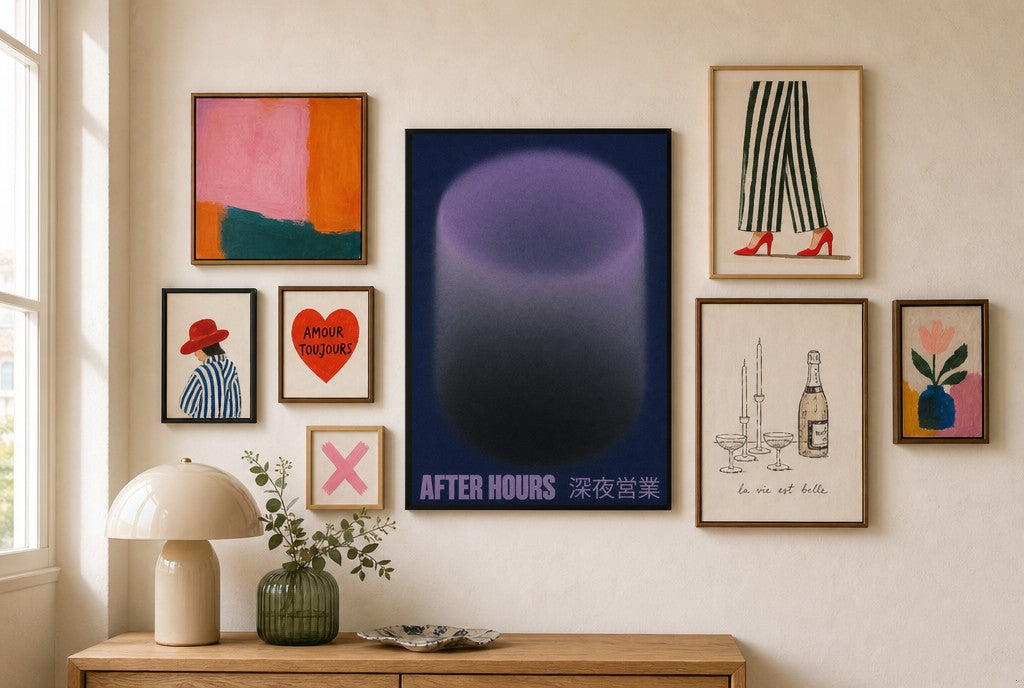 After Hours, Purple mixed into a layered gallery wall of varied frame sizes.