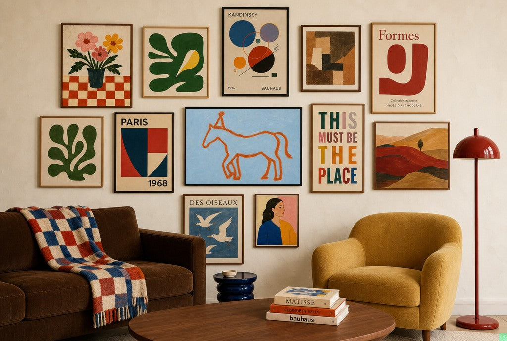 Line Horse, Party Hat, in gallery wall