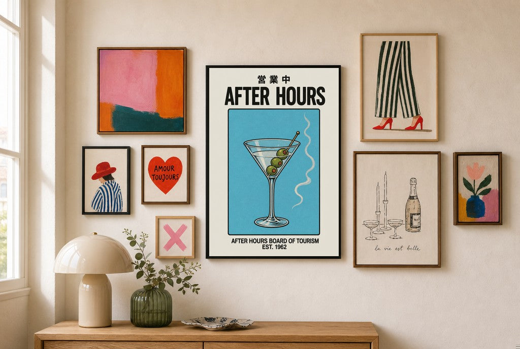 After Hours, Tourism mixed into a layered gallery wall of varied frame sizes.